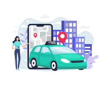 İnternetten taksi çağırıyorum. Mobil taksi servisi uygulaması, mobil ve navigasyon taksisi ya da şehir haritası. İnternetten taksi sipariş eden bir kadın, mobil araba paylaşım uygulaması. Vektör illüstrasyonu düz biçimi