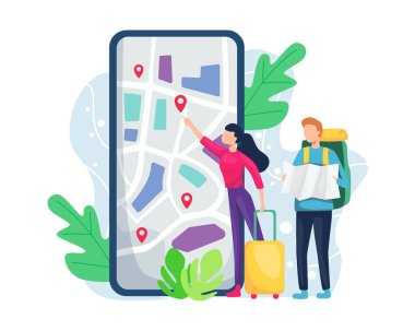 Vektör illüstrasyon Gezgini konum arıyor. Sırt çantası ve bavulu olan turist büyük akıllı telefon ekranında harita ve GPS izliyor. Turizm arama konumu kavramı, düz bir şekilde vektör