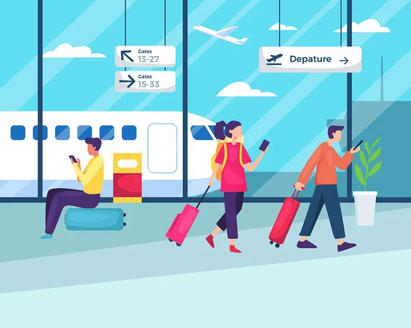Lidé Sedící Procházející Letišti Cestování Služebně Cestování Lidí Cestující Letištním — Stockový vektor