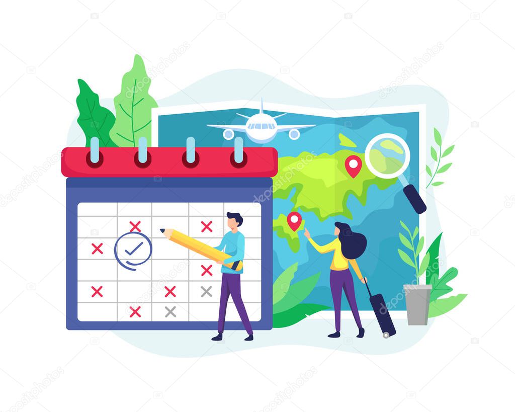 Planning time and vacation destinations. Man carrying a large pencil marks the date on the calendar, Young woman looking for a location or vacation destinations on the map. Vector in flat style