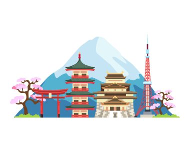 Japonya Tarihi Eserler. Japonya 'da dünya çapında ünlü seyahat yerleri, popüler turistik yerler var. Seyahat ve simge Japonya, Vektör seyahat yerleri. Düz biçimli vektör illüstrasyonu