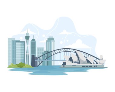 Vector Illustrasyon Avustralya ufuk çizgisi ve dönüm noktası. Avustralya 'ya seyahat, reklam illüstrasyonları, seyahat afişleri. Avustralya Şehri 'nin simgeleriyle. Düz biçimli vektör illüstrasyonu