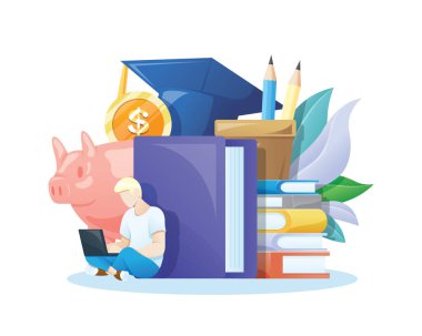 Vector Illustrasyon Bilgi Yatırım. Öğrenci eğitime yatırım yapıyor, öğrenci bilgiye yatırım yapıyor. Finans eğitimi yatırım konsepti. Düz biçimli vektör illüstrasyonu