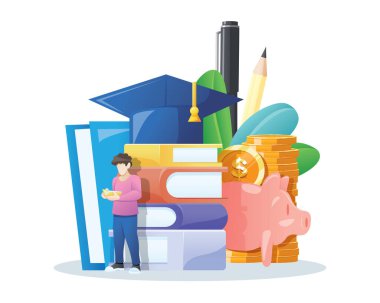 Vector Illustrasyon Bilgi Yatırım. Öğrenci eğitime yatırım yapıyor, öğrenci bilgiye yatırım yapıyor. Finans eğitimi yatırım konsepti. Düz biçimli vektör illüstrasyonu