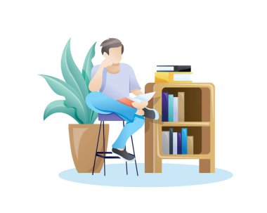 Genç adamın elinde açık bir kitapla sandalyede oturmasının vektör çizimi. Genç öğrenci okuyor, öğreniyor ve oturuyor. Düz biçimli vektör illüstrasyonu