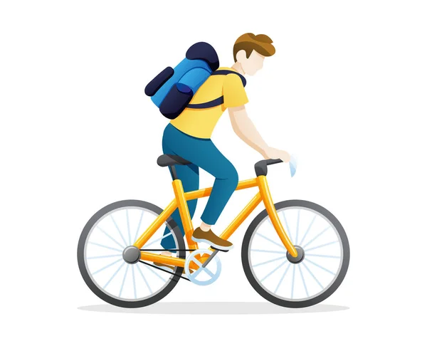 Vector Illustration Young Man Riding Bicycle Cycling Illustration White Background — Stock Vector