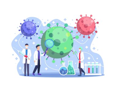 Coronavirus kapak aşısı araştırma laboratuvarı. Bilim adamları ve doktorlar Coronavirüs salgınından kalma aşıları arıyorlar. Covid-19 'la savaşıyorlar. Virüs panzehir tasarımı konsepti. Düz biçimli vektör