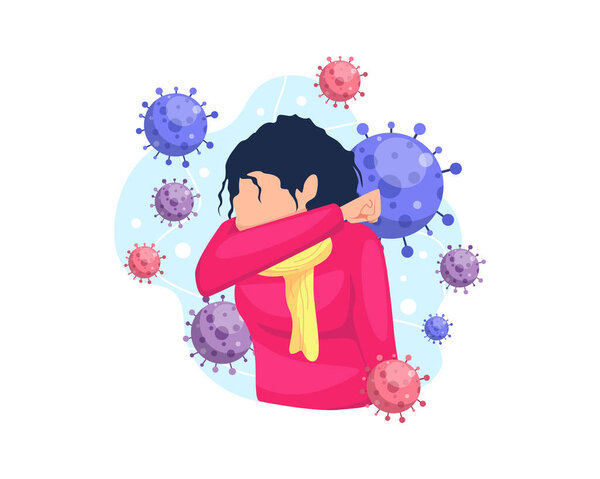 Vector illustration Covering mouth and nose when coughing and sneezing. Concept of ethical illustration of sneezing and coughing, Covering mouth with elbows when sneezing. Vector in flat style