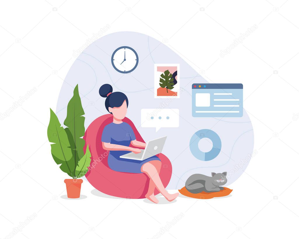 Vector illustration Work from home. Young woman sitting on sofa work on the laptop. Freelancer home workplace, Working from home to avoid spreading the coronavirus. Vector illustration in a flat style
