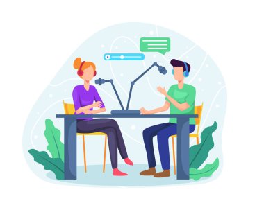 Podcast konsepti çizimi. Erkek radyo sunucusu radyo istasyonunda konuklarla röportaj yapıyor. Stüdyo düz vektör illüstrasyonunda podcast. Kulaklıklı adam ve kadın konuşuyor. Düz biçimli vektör