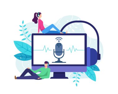 Podcast konsepti çizimi. PC masaüstü ile podcast 'i, büyük bilgisayar monitörlü insanları dinleyin. Erkek ve kadın çevrimiçi radyo yayınlıyorlar. Düz biçimli vektör illüstrasyonu