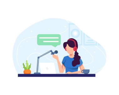 Podcast konsepti çizimi. Stüdyoda mikrofon kayıt yayını yapan bir kadın podcaster. Stüdyo düz vektör illüstrasyonunda podcast. İnternet çevrimiçi radyo kavramı