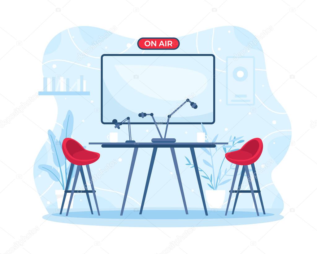 Vector illustration Interior radio or podcast room. Radio station studio interior stuff set, Broadcast room arrangement with a desk chair and microphone. Vector illustration in flat style