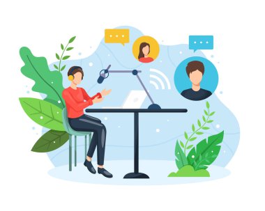 Podcast konsepti çizimi. Erkek radyo sunucusu canlı yayında konuklarla röportaj yapıyor. Stüdyo düz vektör illüstrasyonunda podcast. Podcast, yayın, online radyo konsepti. Düz biçimli vektör