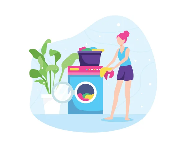 女の子の洗濯服のベクトルイラスト 洗濯機で汚れた服を洗う 女性は洗濯機で服を洗う 家庭のテーマ 平型ベクトル — ストックベクタ