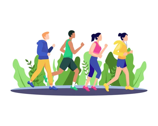 Ilustracja Wektora Jogging Ludzi Grupa Wyścigowa Maraton Biegający Mężczyźni Kobiety — Wektor stockowy