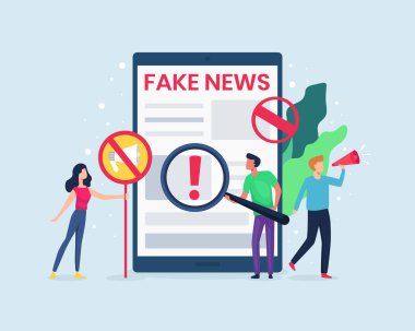Vektör illüstrasyonu. Haberleri internetten kontrol ediyorlar. Sahte haber yayma kavramı, internette ve sosyal medyada bir aldatmaca. Kandırmacayı bırakıp haberleri kontrol etme kampanyası. Düz biçimli vektör