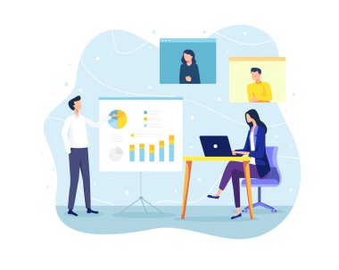 Tanışma ve takım çalışması vektör illüstrasyonu. Proje tartışması ve sunumunda çalışan. Çevrimiçi toplantı, video konferans konsepti. Düz biçimli vektör