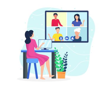 Vektör illüstrasyon video konferansı konsepti. Bilgisayar ekranındaki insanlar iş arkadaşlarıyla birlikte. Video konferansı ve online toplantı çalışma alanı. Düz biçimli vektör