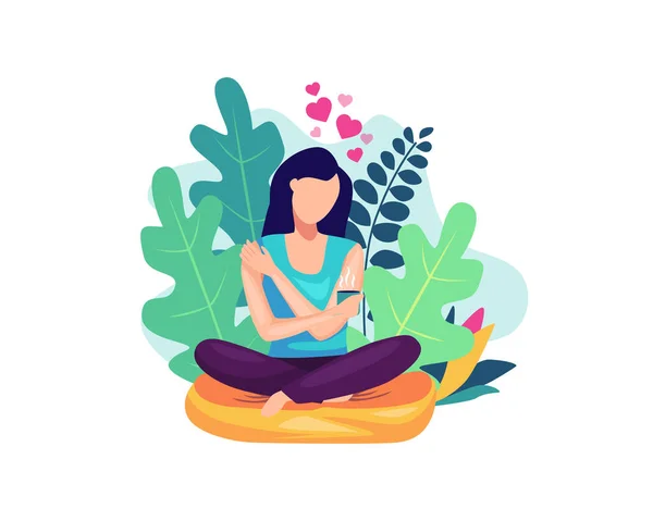 Vector illustration Self care concept. Woman hugging herself with holding a cup of coffee, Happy woman hugging herself. Woman illustration with floral decoration. Vector illustration in flat style