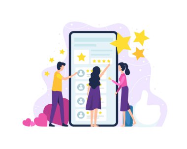 Vektör illüstrasyonu İnsanlar uygulamayı gözden geçirir. Akıllı telefon ekranının önündeki kadın ve erkekler reyting veriyorlar. Müşteri değerlendirmesi ve memnuniyeti kavramı. Düz biçimli vektör illüstrasyonu