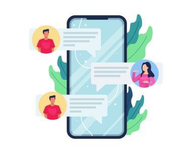 Vektör illüstrasyonu Online sohbet konsepti. İnsanlar akıllı telefonla iletişim kuruyor, erkekler ve kadınlar da internet üzerinden mesajlarına karşılık veriyor. Çevrimiçi iletişim, sosyal medya kavramı. Düz biçimli vektör