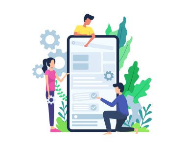 Vektör illüstrasyonu İnsanlar mobil uygulama inşa eder. Geliştirici mobil uygulama üretiyor, kadınlar ve erkekler mobil uygulama geliştiriyor. Mobil uygulamalar geliştirici konsepti. Düz biçimli vektör