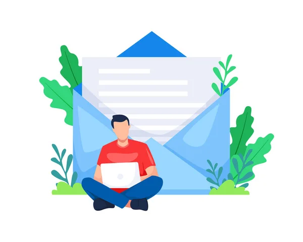 Ilustracja Wektora Człowiek Siedzi Otwierając Laptopa Koncepcja Firmy Mail Marketingu — Wektor stockowy