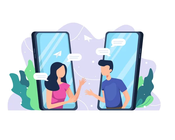Vector Illustration Communicate Smartphone People Come Out Mobile Screen Online — Stock Vector