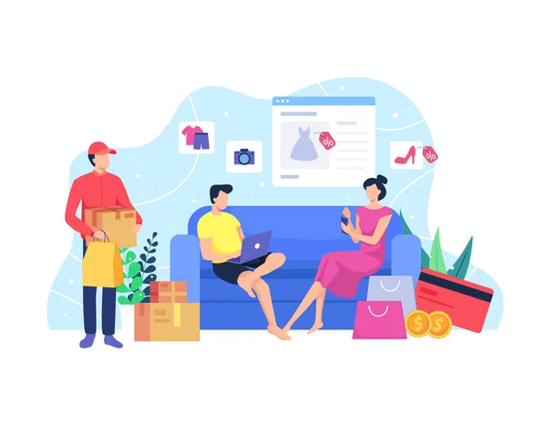 İnternetten alışveriş konsepti. Evden alışveriş, online alışveriş kavramı. Kadın ve erkek bir kanepede dizüstü bilgisayar ve cep telefonu tutarak otururlar. Kurye eve alışveriş paketi getiriyor. Düz biçimli vektör