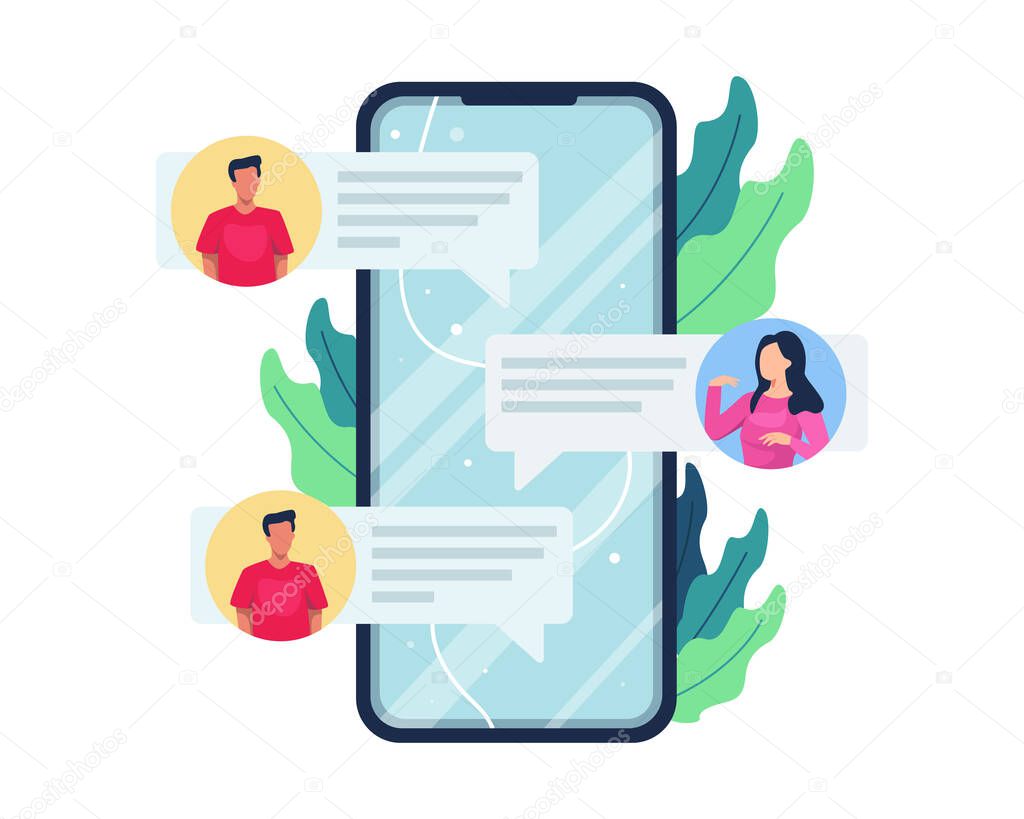 Vector illustration Online chat concept. People communicate with smartphone, Men and women reciprocate messages via the internet. Online communication, Social media concept. Vector in flat style