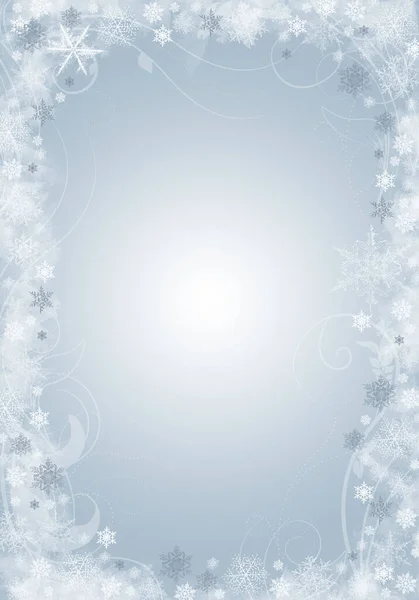 Flocos de neve e flocos de neve desfocados caídos no fundo de Natal azul — Fotografia de Stock