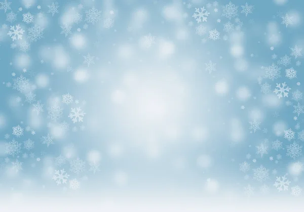 Fiocchi di neve e fiocchi di neve defocalizzati caduti su sfondo blu di Natale — Foto Stock