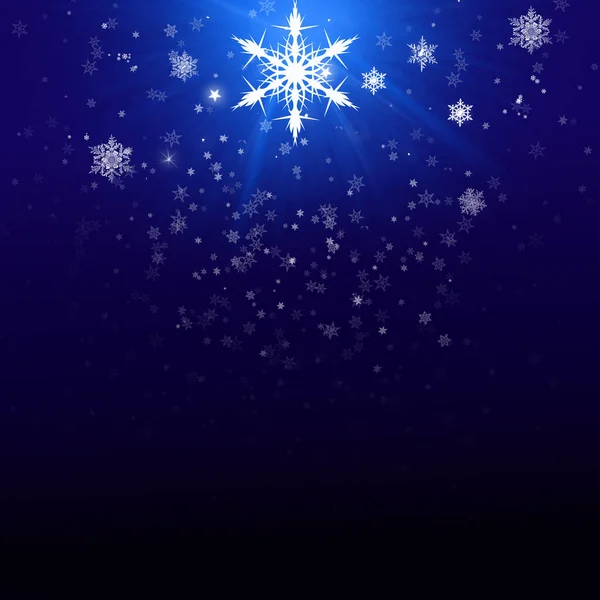 Płatki śniegu i spadły zdekoncentrowane płatki śniegu na niebieskim tle Bożego Narodzenia — Zdjęcie stockowe