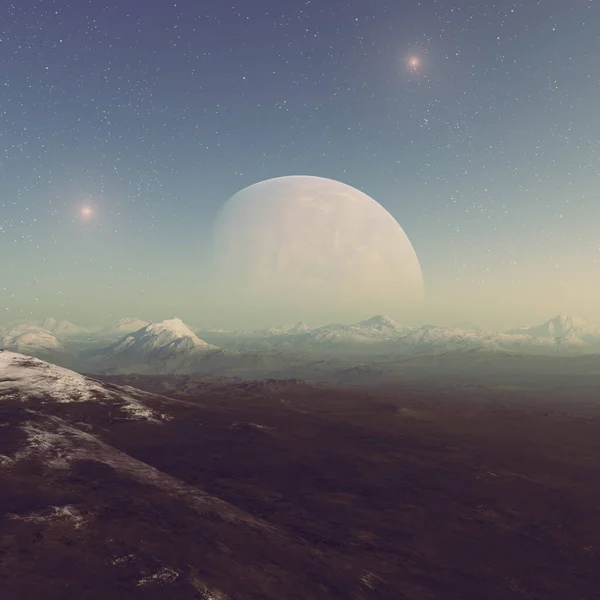 Трехмерное космическое искусство: Планета пришельцев - Фантастический ландшафт с голубыми небесами и звездами — стоковое фото