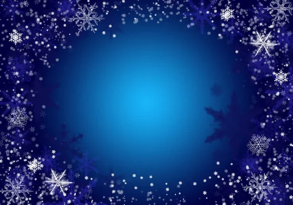 Hó háttér kék. Karácsonyi hóesés defektes pelyhekkel. Téli koncepció havazással. Ünnepi textúra és fehér elemek. — Stock Fotó