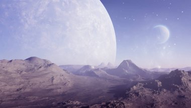 3D Yapılandırılmış Uzay Sanatı: Uzaylı Gezegeni - Mavi gökyüzü ve yıldızlı Fantezi Manzarası