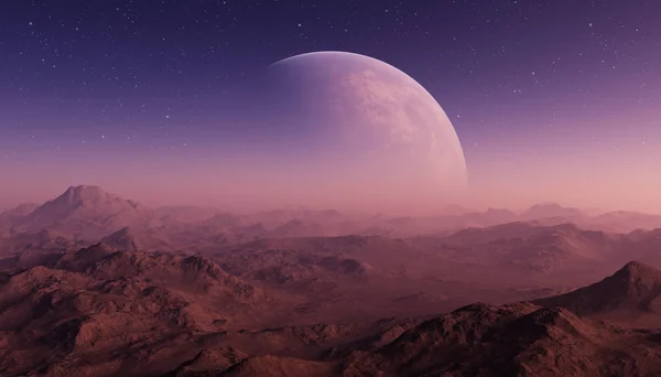3D Yapılandırılmış Uzay Sanatı: Uzaylı Gezegeni - Mor gökyüzü ve yıldızlı Fantezi Manzarası — Stok fotoğraf
