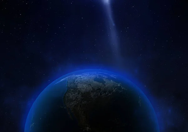 3D-Darstellung: Planet Erde im Weltraum. Fantasievolle Ansicht des Planeten Erde in einem Sternenfeld — Stockfoto