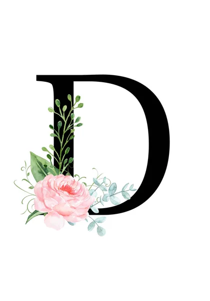 Monogram bunga (surat) - didekorasi dengan cat air mawar dan daun — Stok Foto