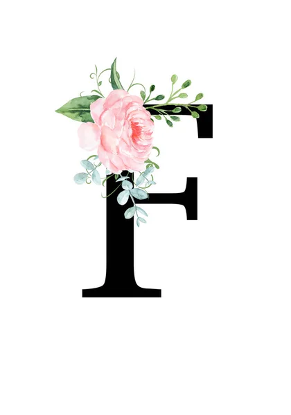 Floral monogram (letter) - decorated with a watercolor rose and leaves — Stock Photo, Image