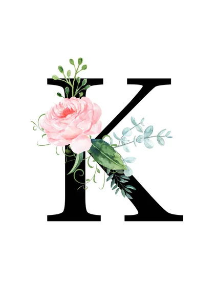 Floral monogram (letter) - decorated with a watercolor rose and leaves — 스톡 사진