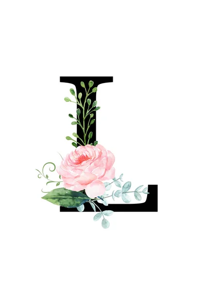 Floral monogram (letter) - decorated with a watercolor rose and leaves — ストック写真