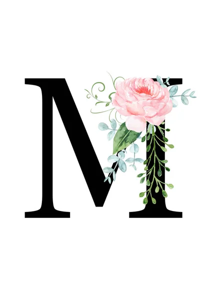 Květinový monogram (dopis) - zdobený akvarelovou růží a listy — Stock fotografie