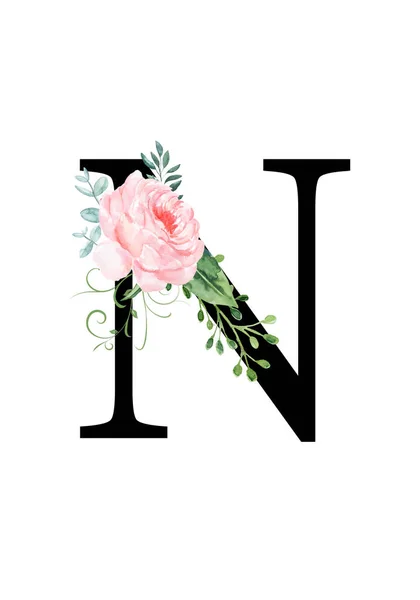 Floral μονόγραμμα (γράμμα) - διακοσμημένο με ακουαρέλα τριαντάφυλλο και φύλλα — Φωτογραφία Αρχείου