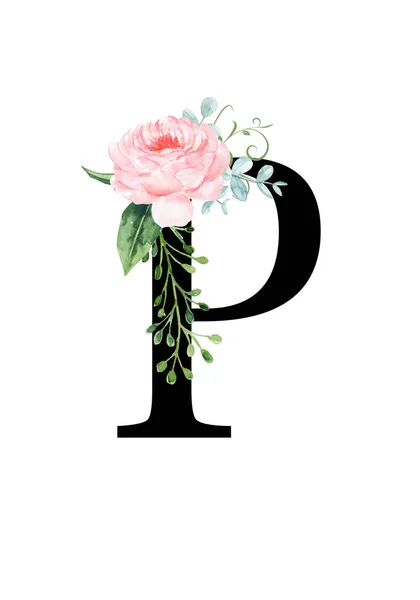 Floral monogram (letter) - decorated with a watercolor rose and leaves — ストック写真