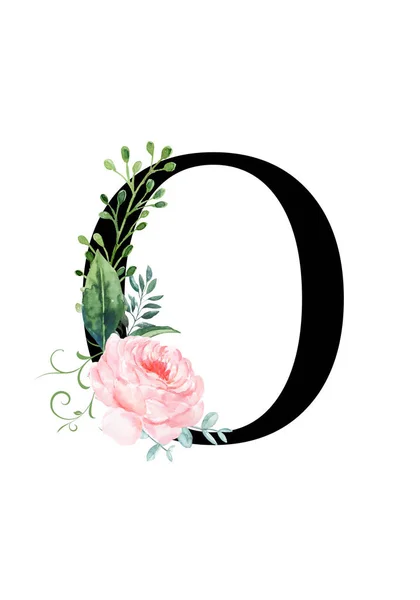 Monogramme floral (lettre) - orné d'une aquarelle rose et feuilles — Photo