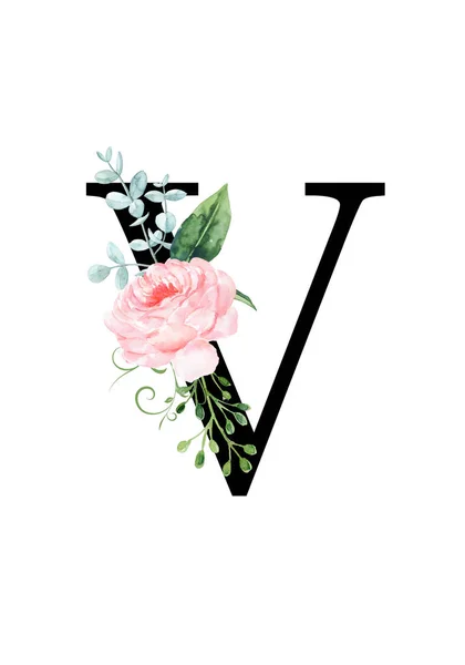 Floral monogram (letter) - decorated with a watercolor rose and leaves — 스톡 사진