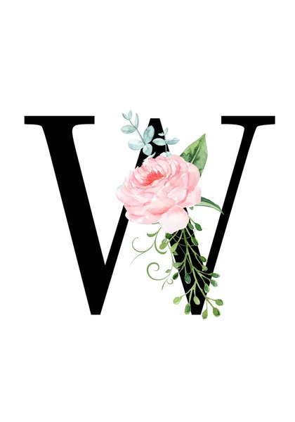 Bloemen monogram (letter) - versierd met een aquarel roos en bladeren — Stockfoto