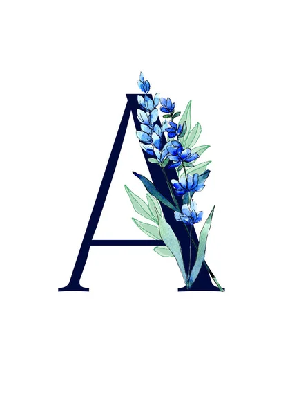 Blumenmonogramm (Buchstabe) - verziert mit blauem Lavendel und Blättern, Aquarell — Stockfoto